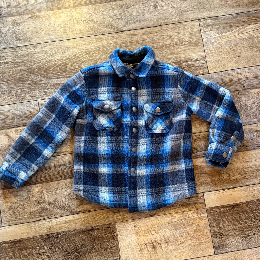 Eddie Bauer Kids Blue and Gray Plaid Jacket 5/6 Sherpa Lined